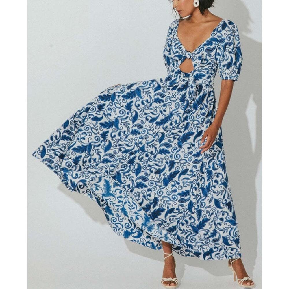 Cleobella Reza Midi Dress Azulejo White Blue Size Large NWT Romantic Flirty